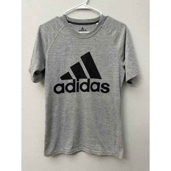 Adidas Shirt S Gray Ultimate Tee Mountain‎ Logo Spellout Three Stripes Polyester - Picture 1 of 3
